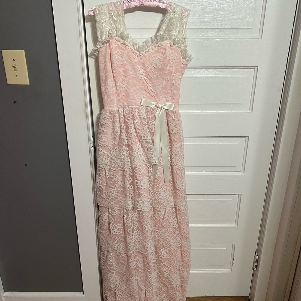 Pink Lace Maxi Dress with White Accents